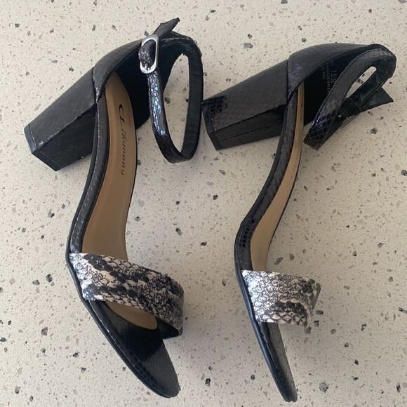 CL by Laundry Women's Black Block Heel Snake Print Open Toe Sandals Size 7.5 EUC - Picture 9 of 10